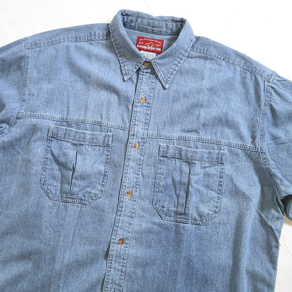 New Malboro Country Store Denim Button Down Shirt Sz Large Vintage Western